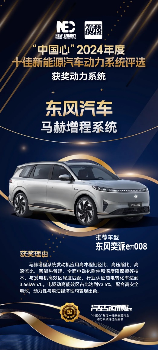 马赫增程系统荣获“中国心”2024十佳新能源汽车动力系统奖项